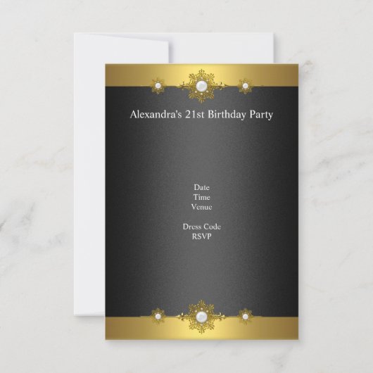 金ゴールドエレガント白黒ジュエル21歳の誕生日 招待状 (裏面)
