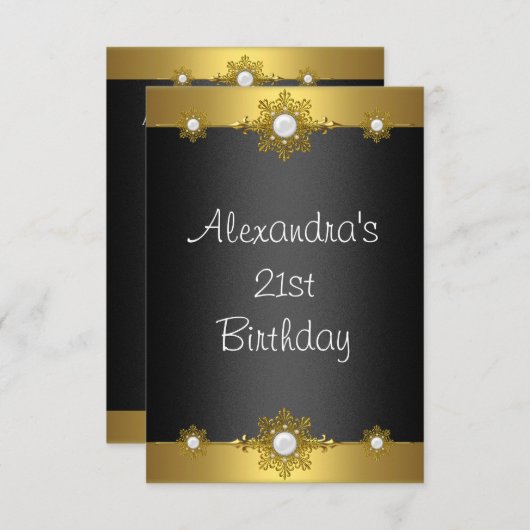 金ゴールドエレガント白黒ジュエル21歳の誕生日 招待状 (正面/裏面)