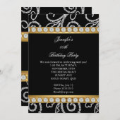 金ゴールドエレガント白黒ダイヤモンドバースデーパーティー 招待状 (正面/裏面)
