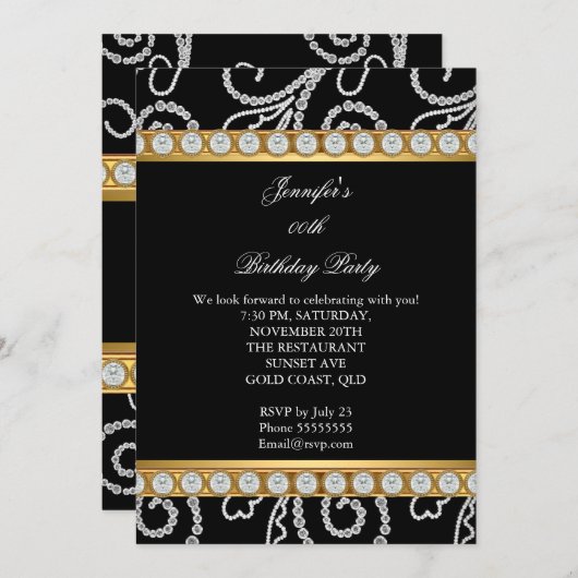 金ゴールドエレガント白黒ダイヤモンドバースデーパーティー 招待状