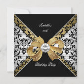 金ゴールドエレガント白黒ダマスクダイヤモンドパーティー 招待状 (正面)