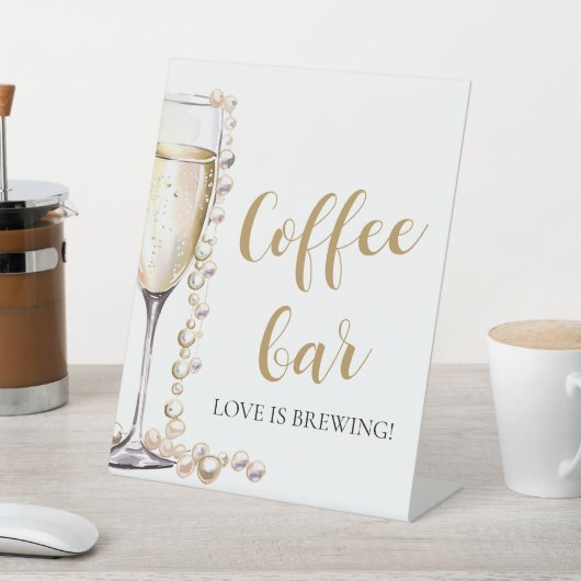 金ゴールドエレガント真珠とプロセッココーヒーバー標識 台座サイン (インサイチュ)