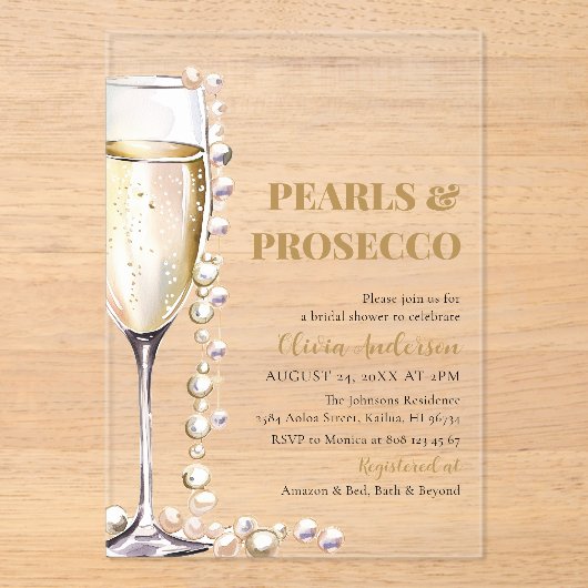 金ゴールドエレガント真珠とプロセッコブライダルシャワー アクリル招待状 (正面)