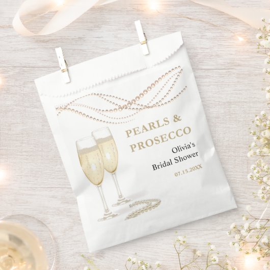 金ゴールドエレガント真珠とプロセッコブライダルシャワー フェイバーバッグ (クリップ留めされた状態)