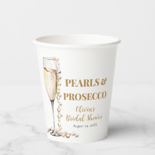 金ゴールドエレガント真珠とプロセッコブライダルシャワー 紙コップ (正面)