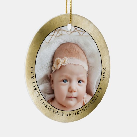金ゴールドエレガント祖父母初めてのクリスマス写真 セラミックオーナメント (右)