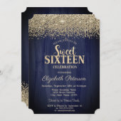 金ゴールドエレガント紙吹雪ダイアモンズネイビーブルースウィート16 招待状 (正面/裏面)