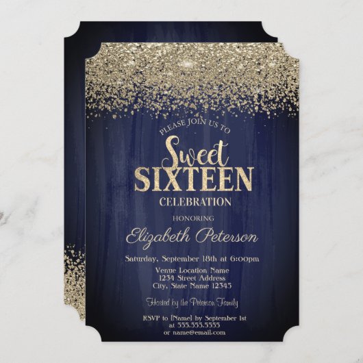 金ゴールドエレガント紙吹雪ダイアモンズネイビーブルースウィート16 招待状 (正面/裏面)