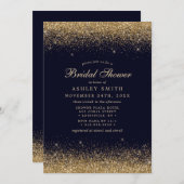 金ゴールドエレガント紙吹雪ネイビーブライダルシャワー 招待状 (正面/裏面)