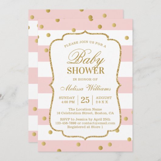 金ゴールドエレガント紙吹雪ピンクストライプ色ベビースシャワー 招待状 (正面/裏面)