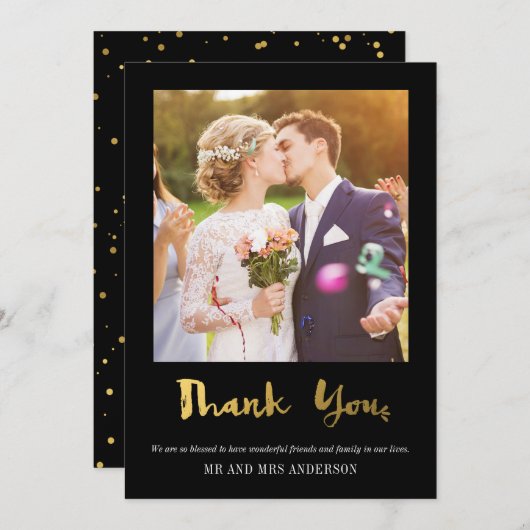金ゴールドエレガント紙吹雪フォトサンキューカードブラック サンキューカード (正面/裏面)