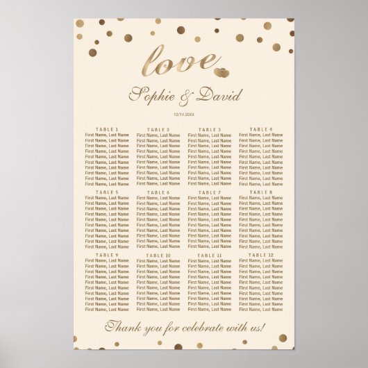 金ゴールドエレガント紙吹雪ラブシャンパンシーティングチャート ポスター (正面)
