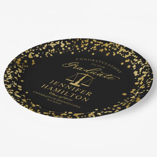 金ゴールドエレガント紙吹雪ロースクール卒業ブラック ペーパープレート (アングル)