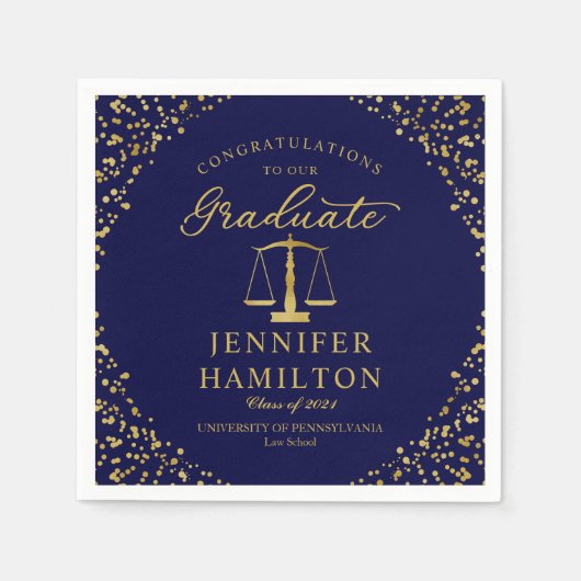 金ゴールドエレガント紙吹雪ロースクール卒業ブルー スタンダードカクテルナプキン (正面)