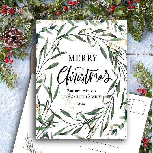 金ゴールドエレガント紙吹雪松の葉緑のスクリプト シーズンポストカード