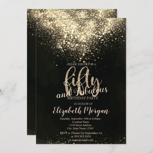 金ゴールドエレガント紙吹雪50th誕生日パーティー 招待状 (正面/裏面)