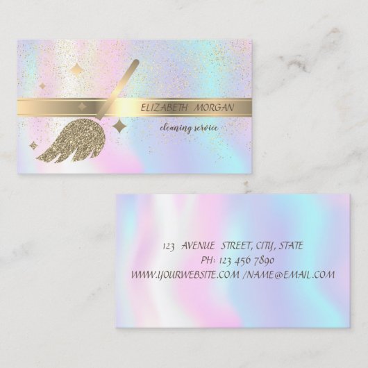 金ゴールドエレガント紙吹雪、箒、ホログラフィック 名刺 (正面/裏面)