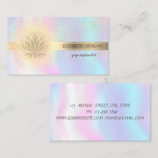 金ゴールドエレガント紙吹雪、Lotus、ホログラフィック 名刺 (正面/裏面)