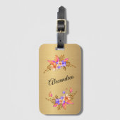 金ゴールドエレガント紫フローラのパーソナライズ ラゲッジタグ (正面縦)