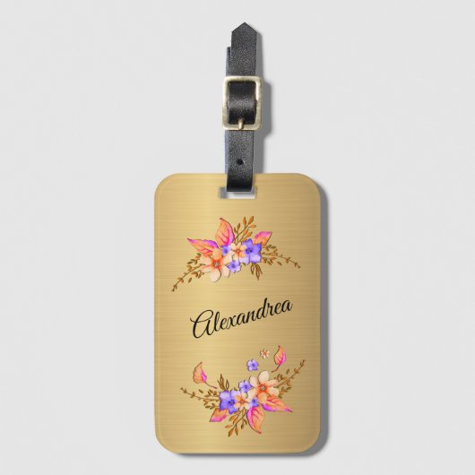 金ゴールドエレガント紫フローラのパーソナライズ ラゲッジタグ (正面縦)
