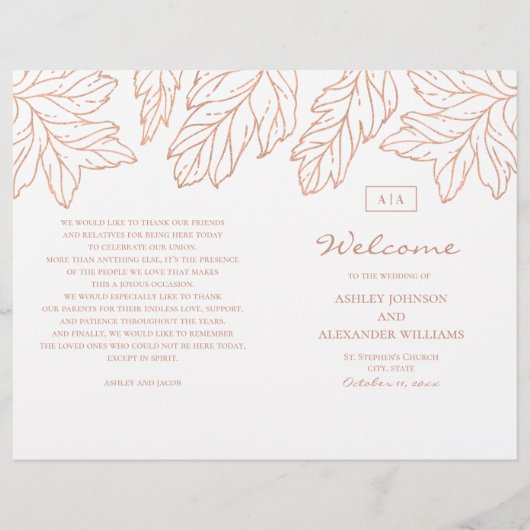 金ゴールドエレガント結婚式のプログラムを折った。青色植物学 (正面)