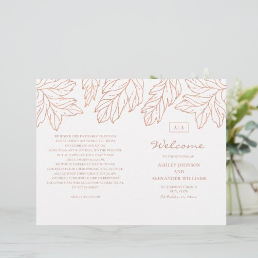 金ゴールドエレガント結婚式のプログラムを折った。青色植物学 (スタンド正面)