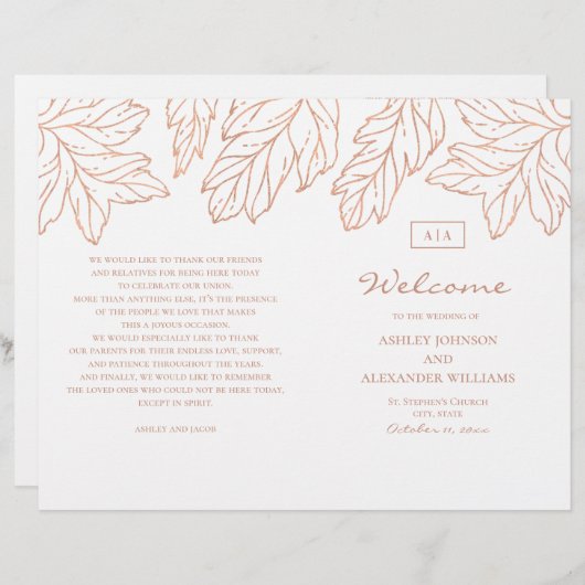 金ゴールドエレガント結婚式のプログラムを折った。青色植物学 (正面/裏面)