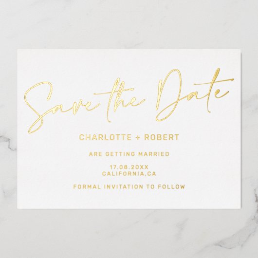 金ゴールドエレガント結婚式の日付写真を保存 箔招待状 (正面)