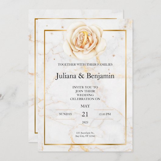 金ゴールドエレガント結婚式招待状(フローラアクセント付) 招待状 (正面/裏面)