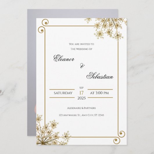 金ゴールドエレガント結婚式招待状(フローラアクセント付) 招待状 (正面/裏面)