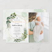 金ゴールドエレガント緑のフローラの葉のバプテスマ写真 招待状 (正面/裏面)