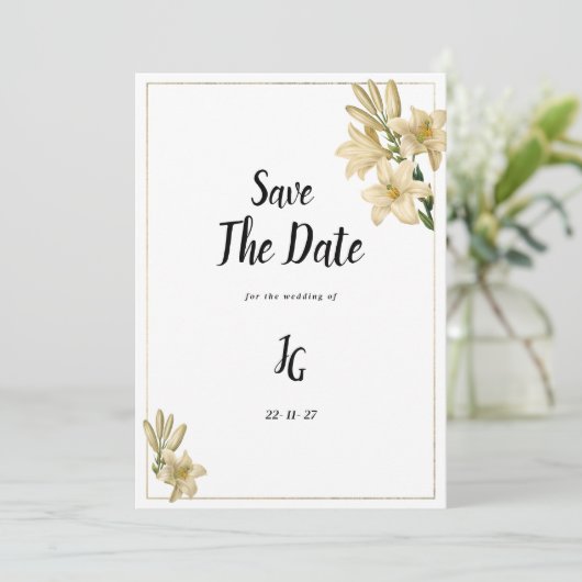 金ゴールドエレガント緑の白いユリの花の日付を保存 招待状 (スタンド正面)