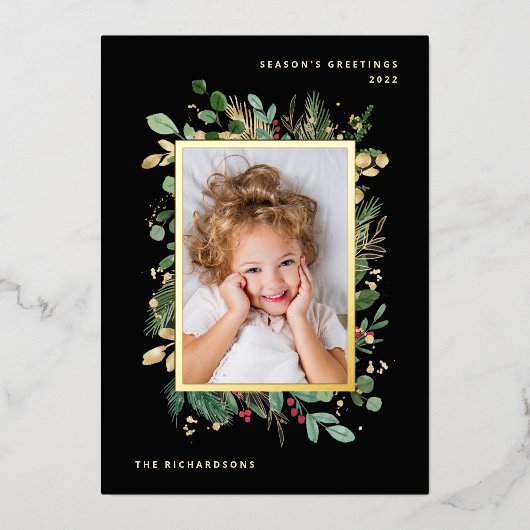 金ゴールドエレガント緑 | 2枚の写真で黒 箔シーズンカード (正面)