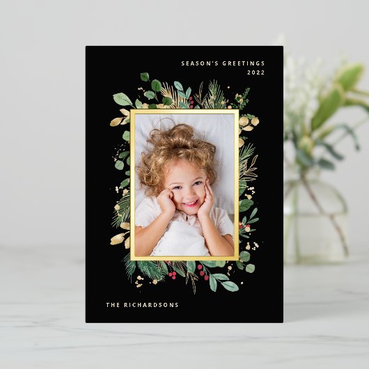 金ゴールドエレガント緑 | 2枚の写真で黒 箔シーズンカード (立ち正面)