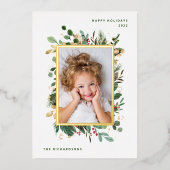 金ゴールドエレガント緑 | 2枚の写真と白 箔シーズンカード (正面)