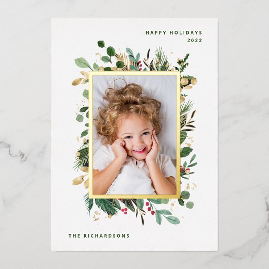 金ゴールドエレガント緑 | 2枚の写真と白 箔シーズンカード (正面)