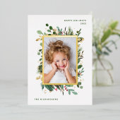 金ゴールドエレガント緑 | 2枚の写真と白 箔シーズンカード (立ち正面)