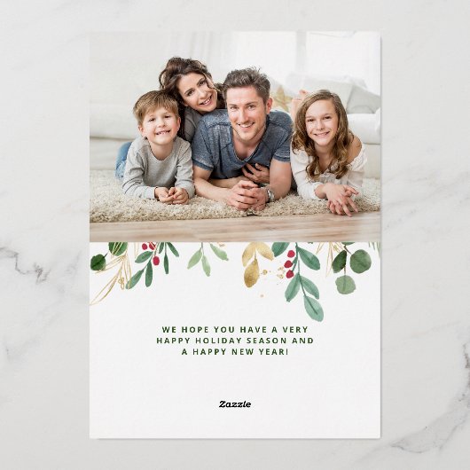 金ゴールドエレガント緑 | 2枚の写真と白 箔シーズンカード (裏面)