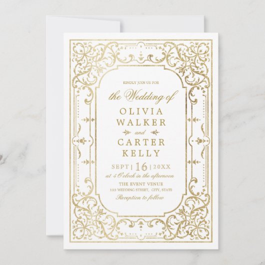 金ゴールドエレガント華美のヴィンテージ結婚式 招待状 (正面)