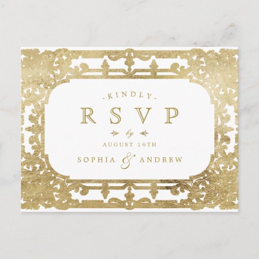 金ゴールドエレガント華美ロマンチックなヴィンテージ結婚式RSVP インビテーションポストカード (正面)