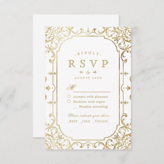金ゴールドエレガント華美ロマンチックなヴィンテージ結婚式RSVP 出欠カード (正面/裏面)