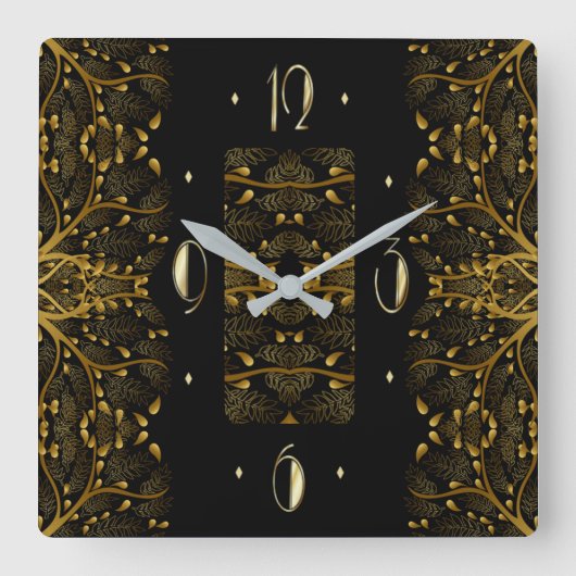 金ゴールドエレガント葉 スクエア壁時計 (正面)