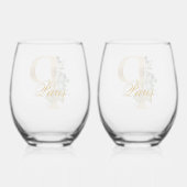 金ゴールドエレガント装飾イニシャルPと緑 ステムなしワイングラス (裏面)