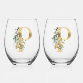 金ゴールドエレガント装飾イニシャルPと緑 ステムなしワイングラス