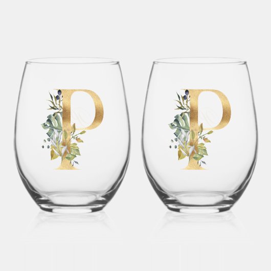 金ゴールドエレガント装飾イニシャルPと緑 ステムなしワイングラス (正面)