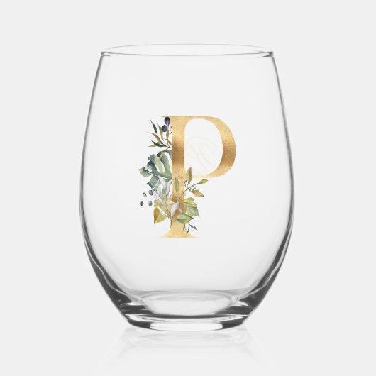 金ゴールドエレガント装飾イニシャルPと緑 ステムなしワイングラス (正面)
