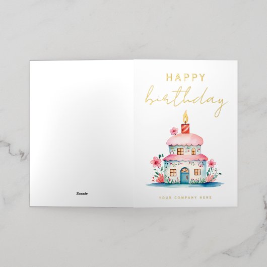 金ゴールドエレガント誕生日ウィッシュハウスケーキリアルティ 箔グリーティングカード (外側レイダウン)