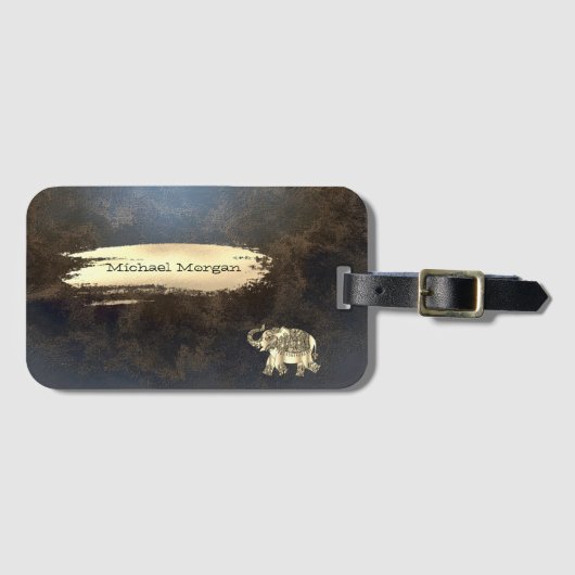 金ゴールドエレガント象、ブラシのストローク、レザールック ラゲッジタグ (正面横)