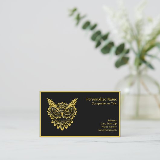 金ゴールドエレガント賢いフクロウ（黒い名刺） 名刺 (スタンド正面)