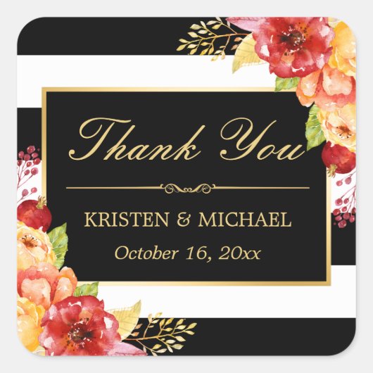 金ゴールドエレガント赤イエローフローラ秋ありがとう スクエアシール (正面)